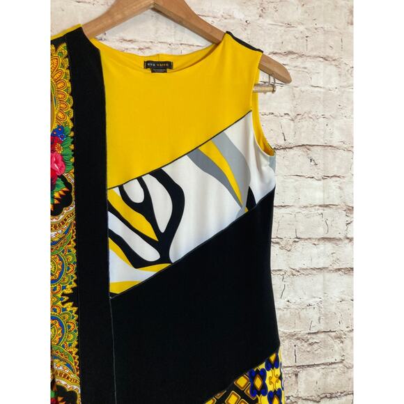 Eva Varro Dress Womens Small Bright Yellow Mixed Print Shift Stretch Liquid Knit - Picture 3 of 11